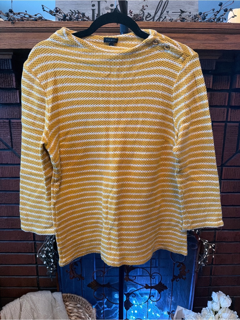 Talbots Yellow and White Striped Crewneck Sweater with Shoulder Buttons